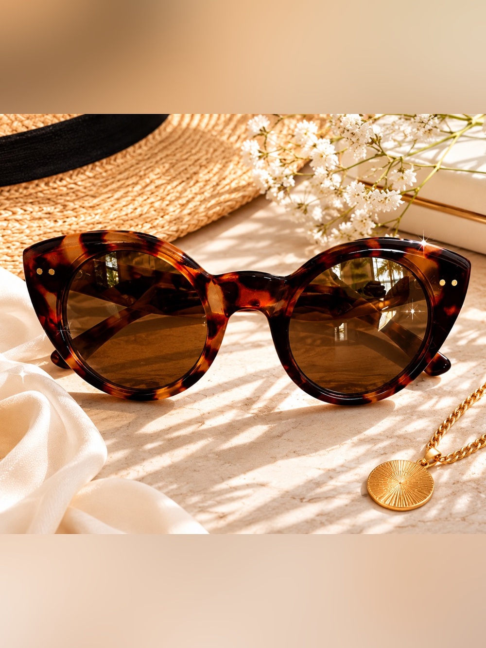 Tortoise Shell Cat Eye Sunglasses Retro Chic Glam Coastal Grandmother Boho UV